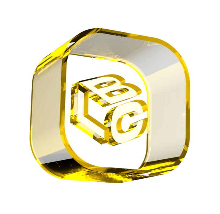 Logo dourado em 3D do LCbank com letras "L", "B", "C